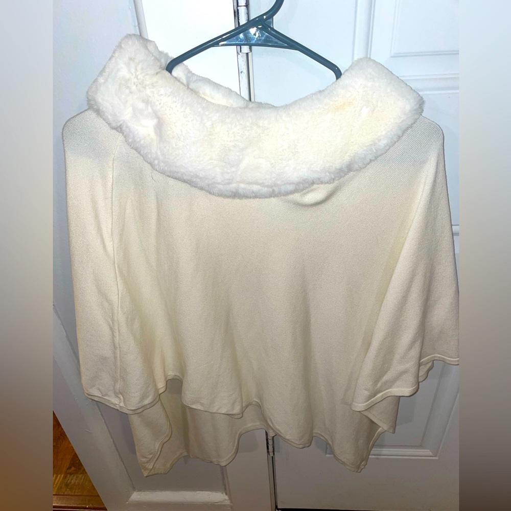 Alfani White Knit Poncho Sweater with Feaux Fur Collar Detail